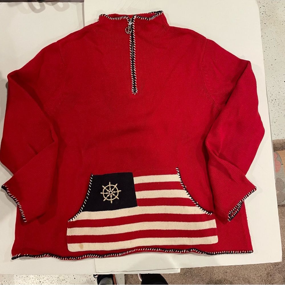Cute Y2K oversized cozy sweater ‘Merica Red 1/4 zip chunky nautical pocket - Picture 8 of 8